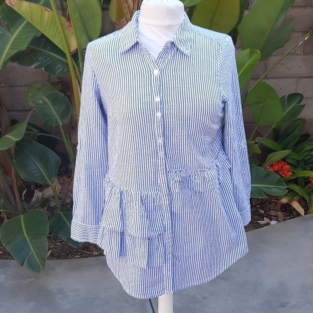 Soft Surroundings Adley Ruffle Stripe Button Down Blouse small